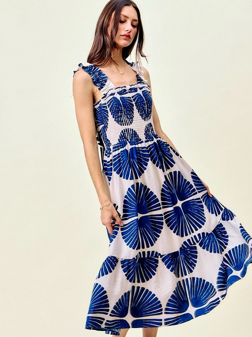 🩵 Hello Gorgeous! Abstract Print Smocked Bodice Tiered Lined Midi Dress by So Me